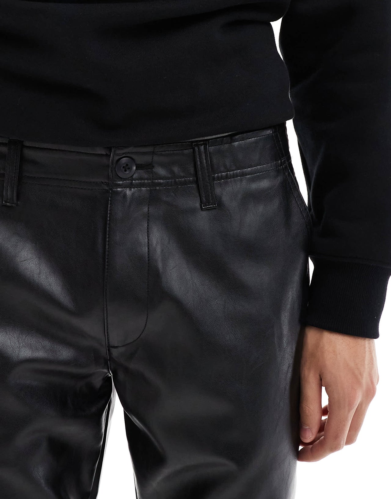 ASOS DESIGN tapered cargo leather look trousers in black