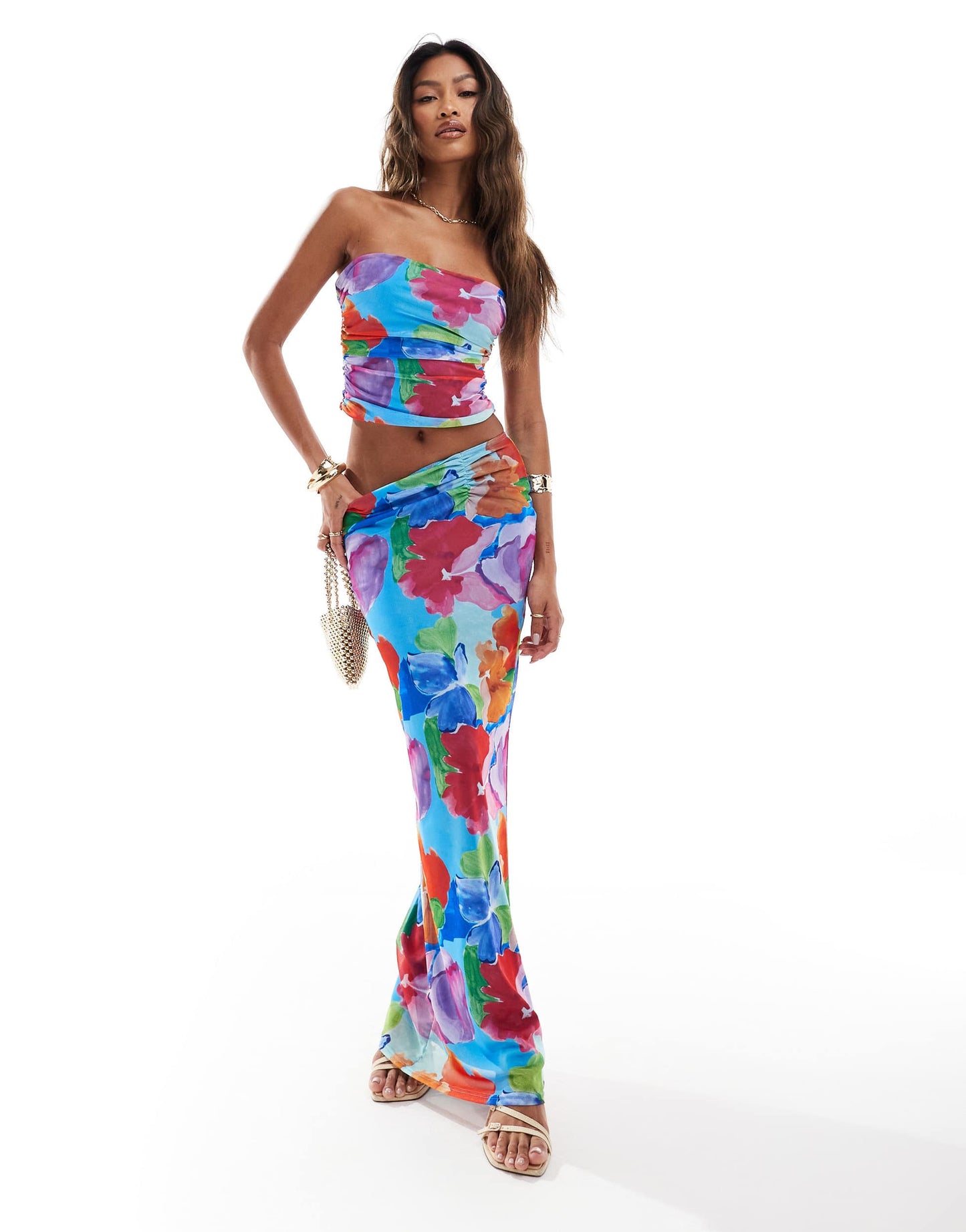 ASOS DESIGN co-ord sleeveless mesh ruched side corset top in bright floral print