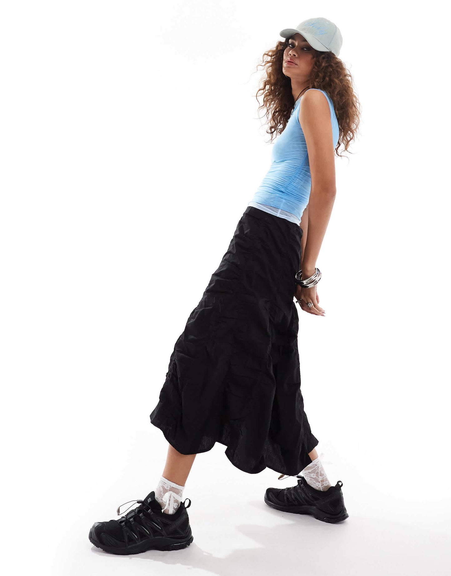 COLLUSION double layer cap sleeve top in blue