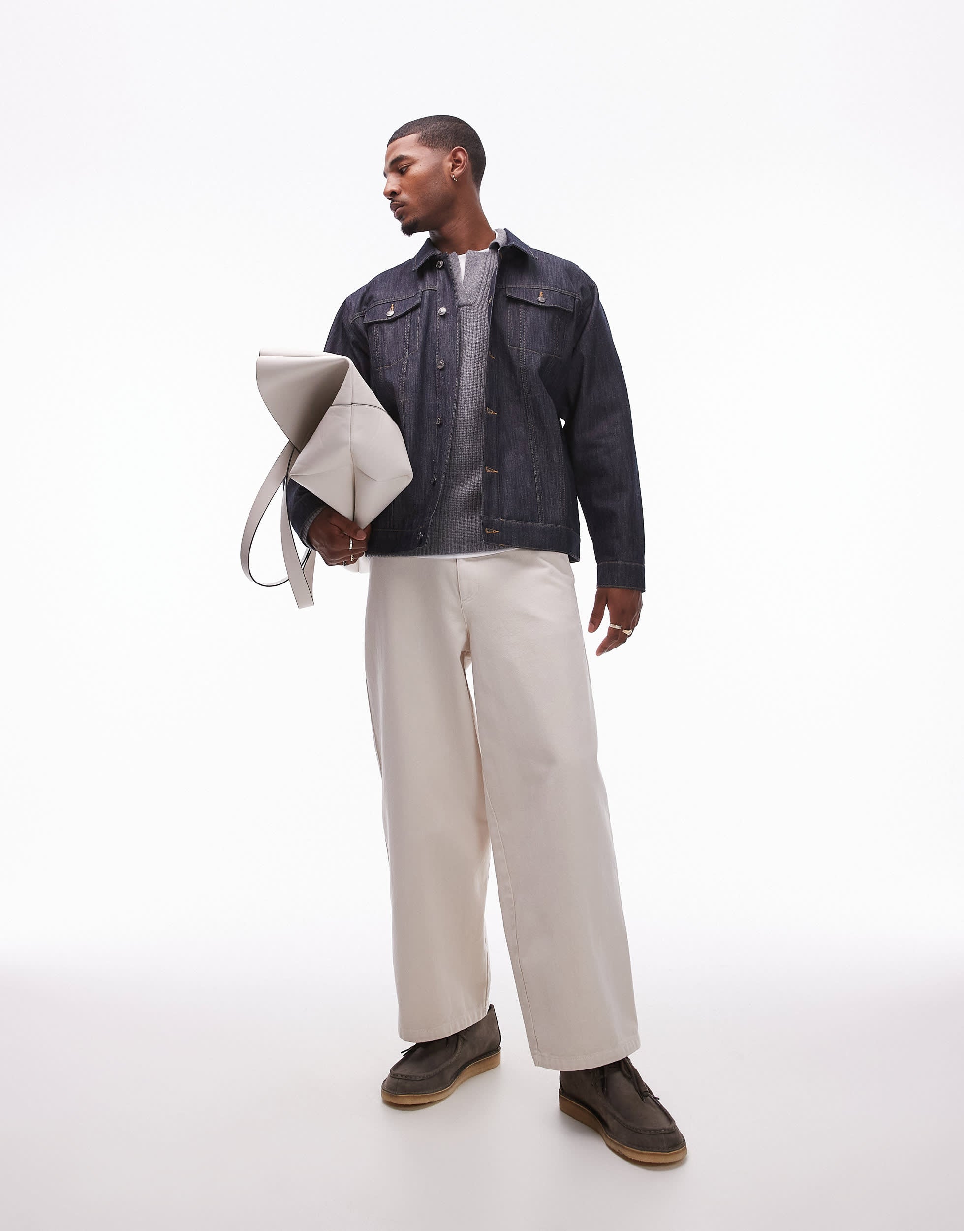 Topman wide leg cotton twill trousers in ecru