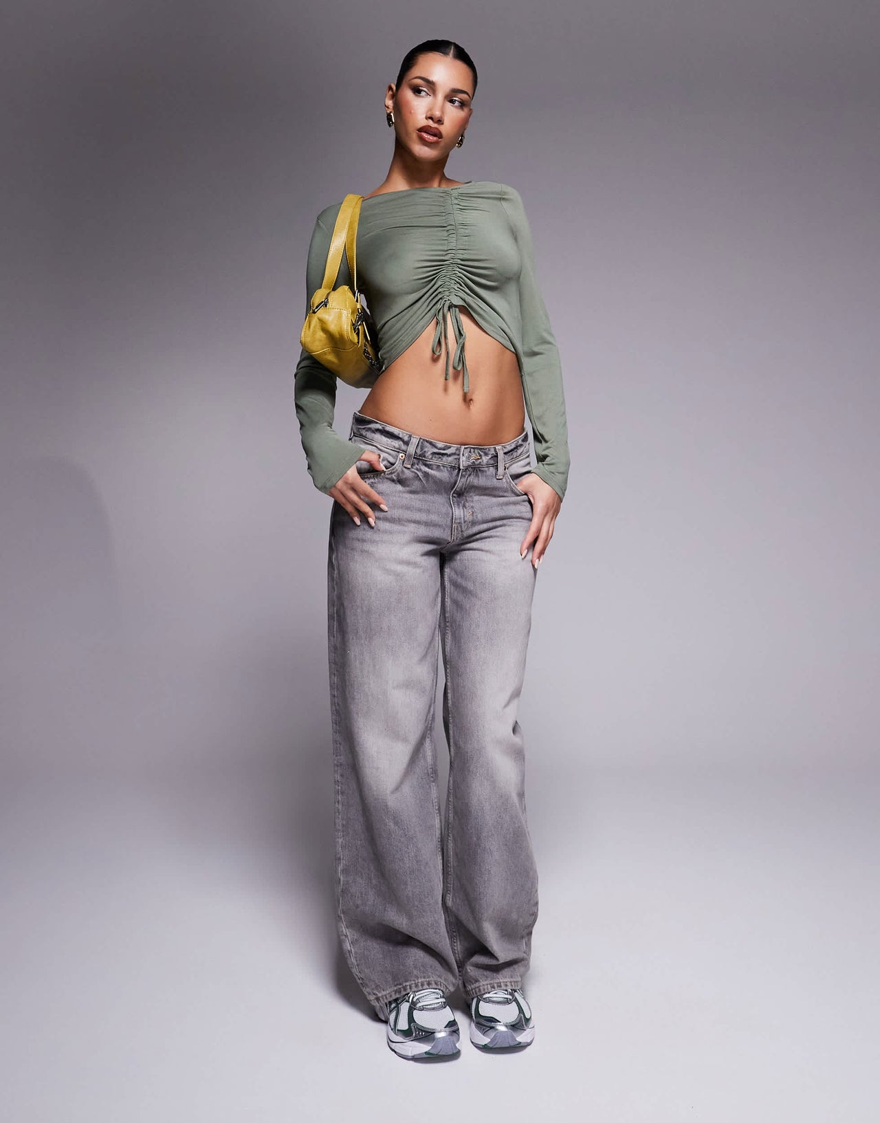 ASOS DESIGN soft handle long sleeve top with front asymmetric ruching in khaki