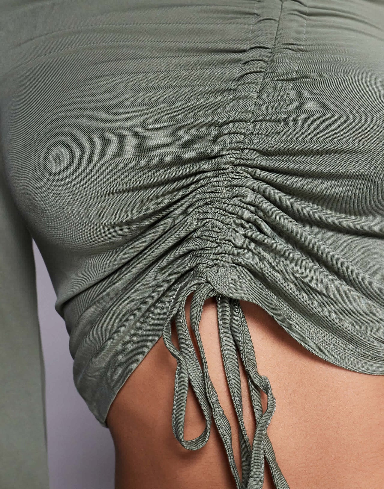 ASOS DESIGN soft handle long sleeve top with front asymmetric ruching in khaki