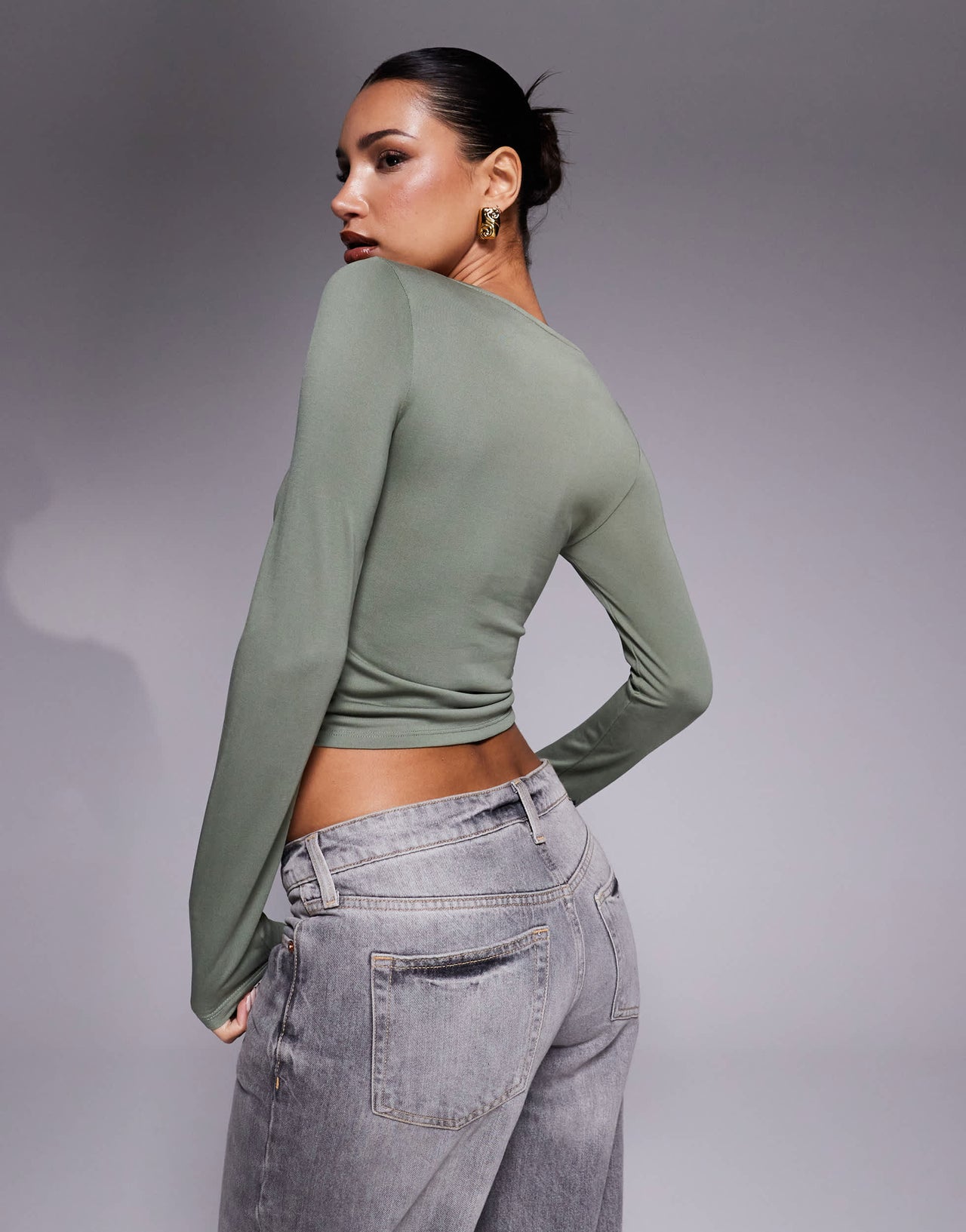 ASOS DESIGN soft handle long sleeve top with front asymmetric ruching in khaki