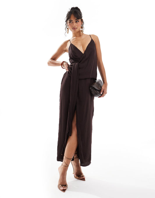 ASOS DESIGN cami strap drape tuck detail midi dress in aubergine