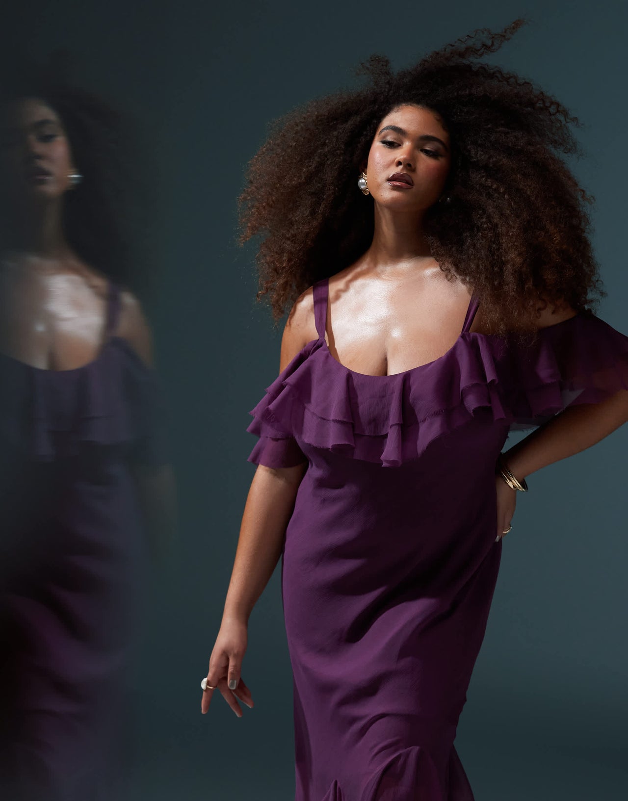 ASOS DESIGN Curve ruffle off shoulder maxi dress with asymmetric godets in aubergine