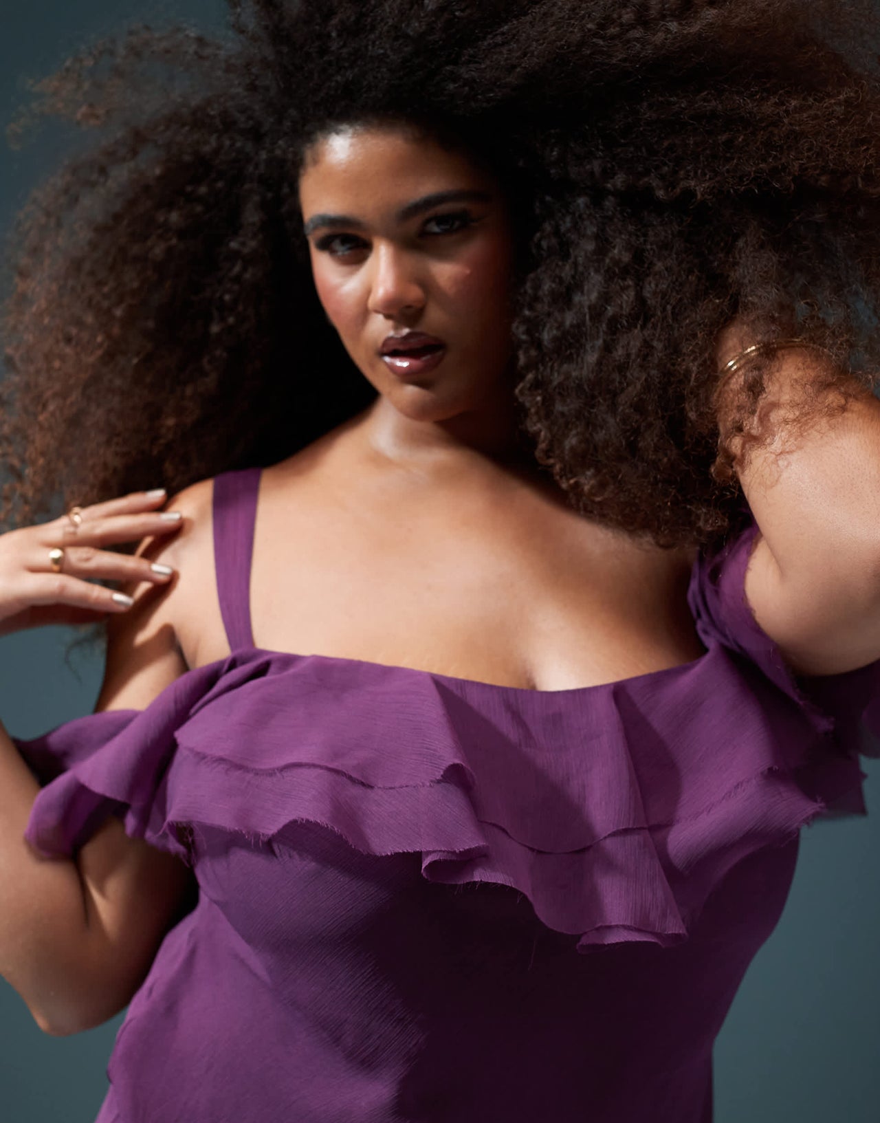 ASOS DESIGN Curve ruffle off shoulder maxi dress with asymmetric godets in aubergine