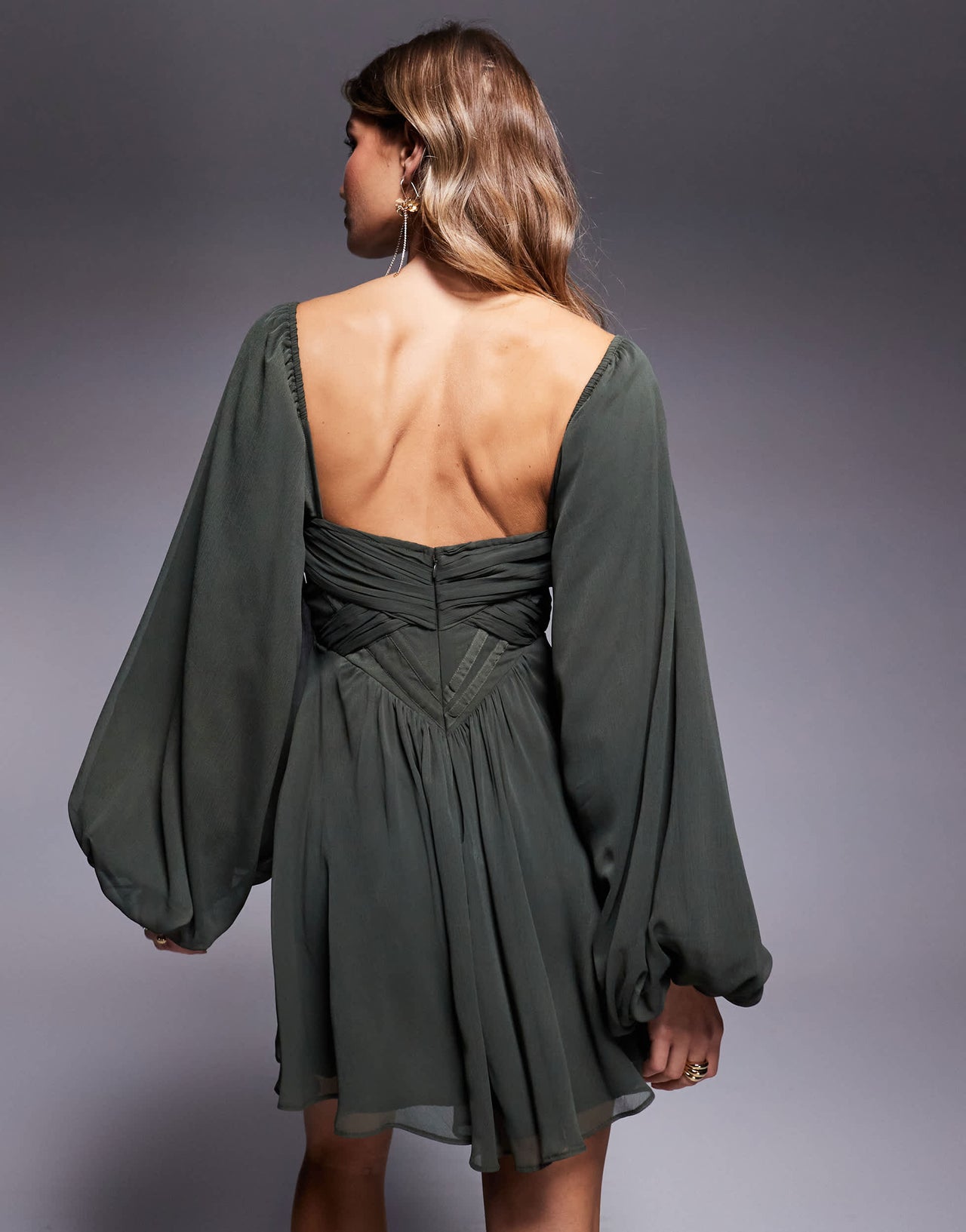 ASOS DESIGN blouson sleeve corset detail skater mini dress in dark olive