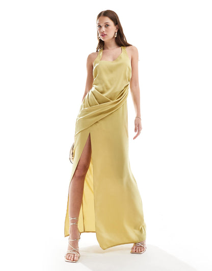 ASOS DESIGN satin halter crossover skirt maxi dress in light olive