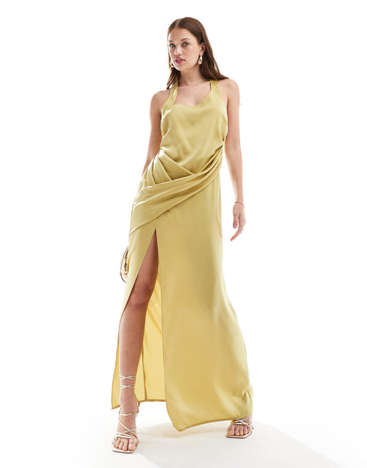 ASOS DESIGN satin halter crossover skirt maxi dress in light olive