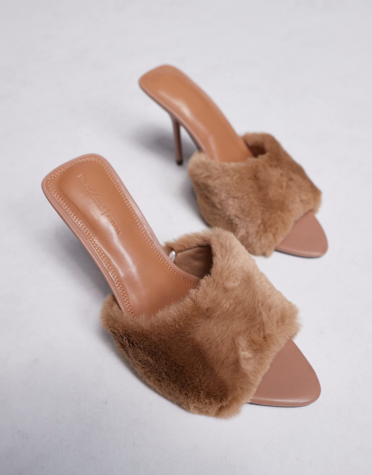 River Island faux fur heeled mules in beige
