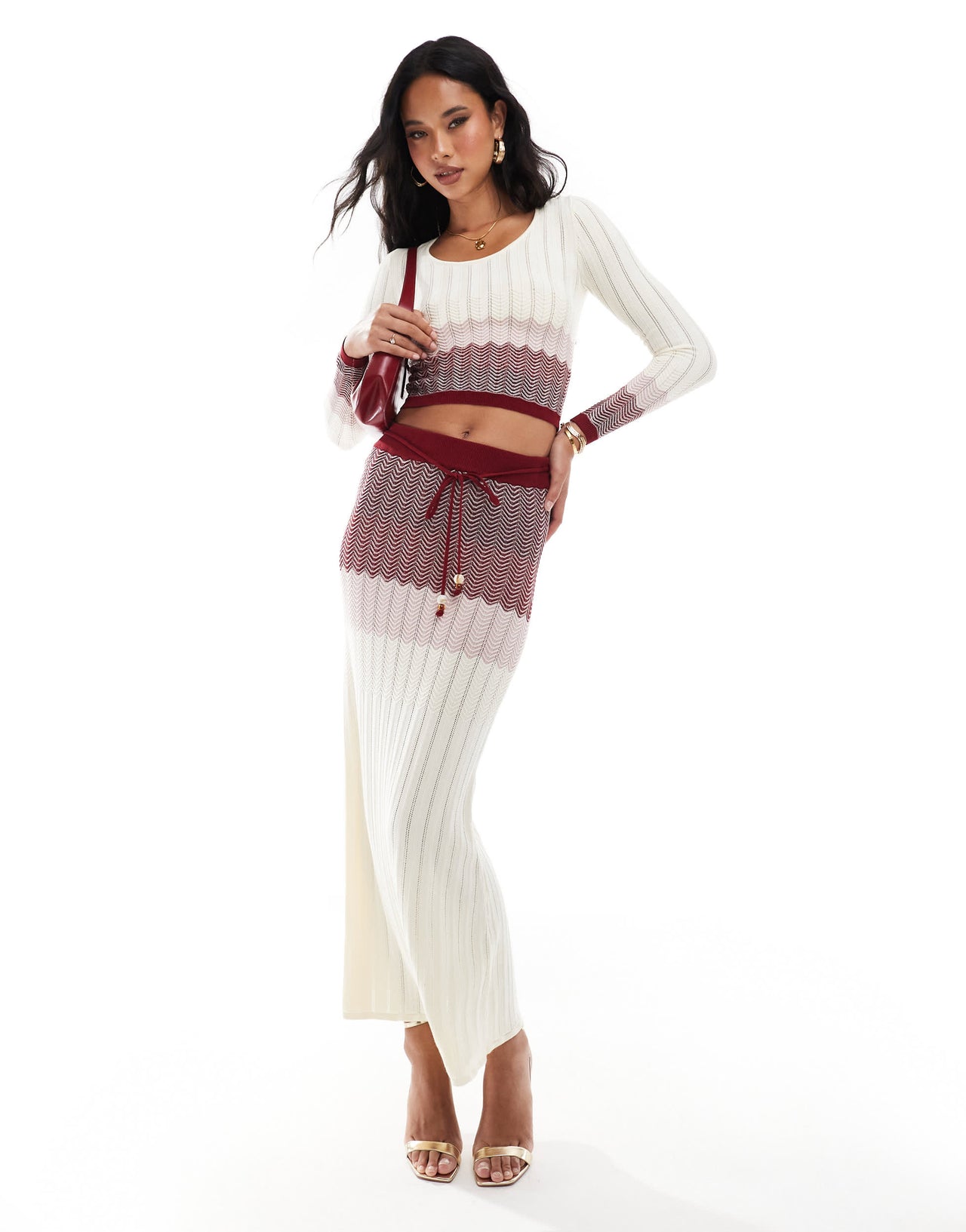 River Island chevron knit skirt co-ord in dark red
