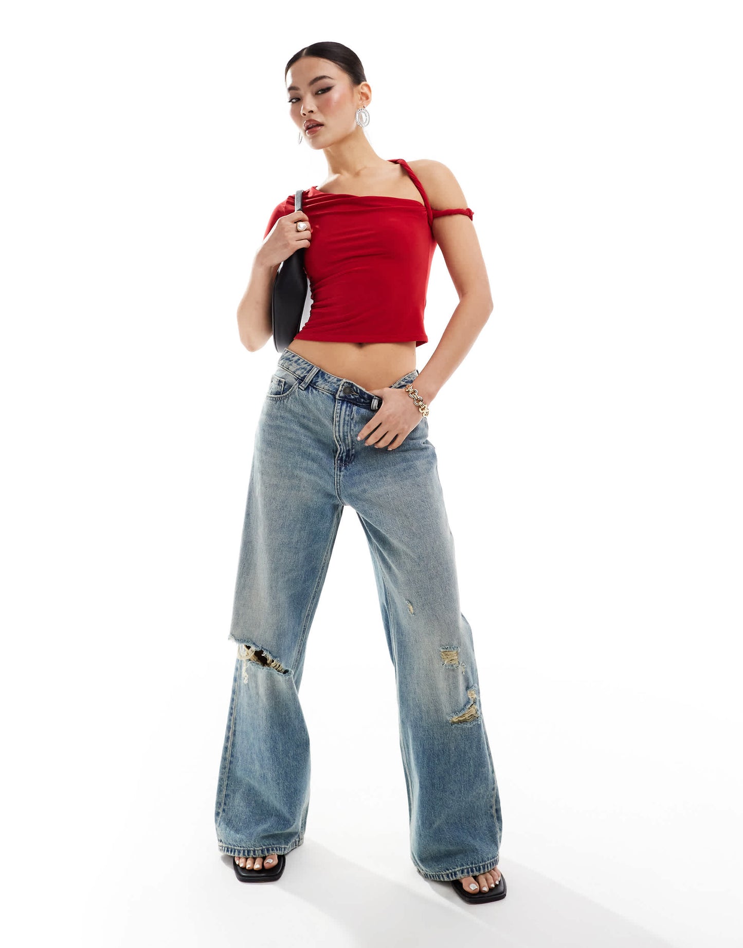 Missyempire double layered slinky one sleeve twist strap top in red