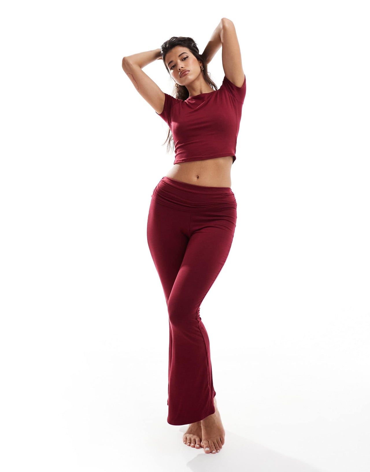 Missyempire exclusive folded waist flared trousers co-ord in burgundy