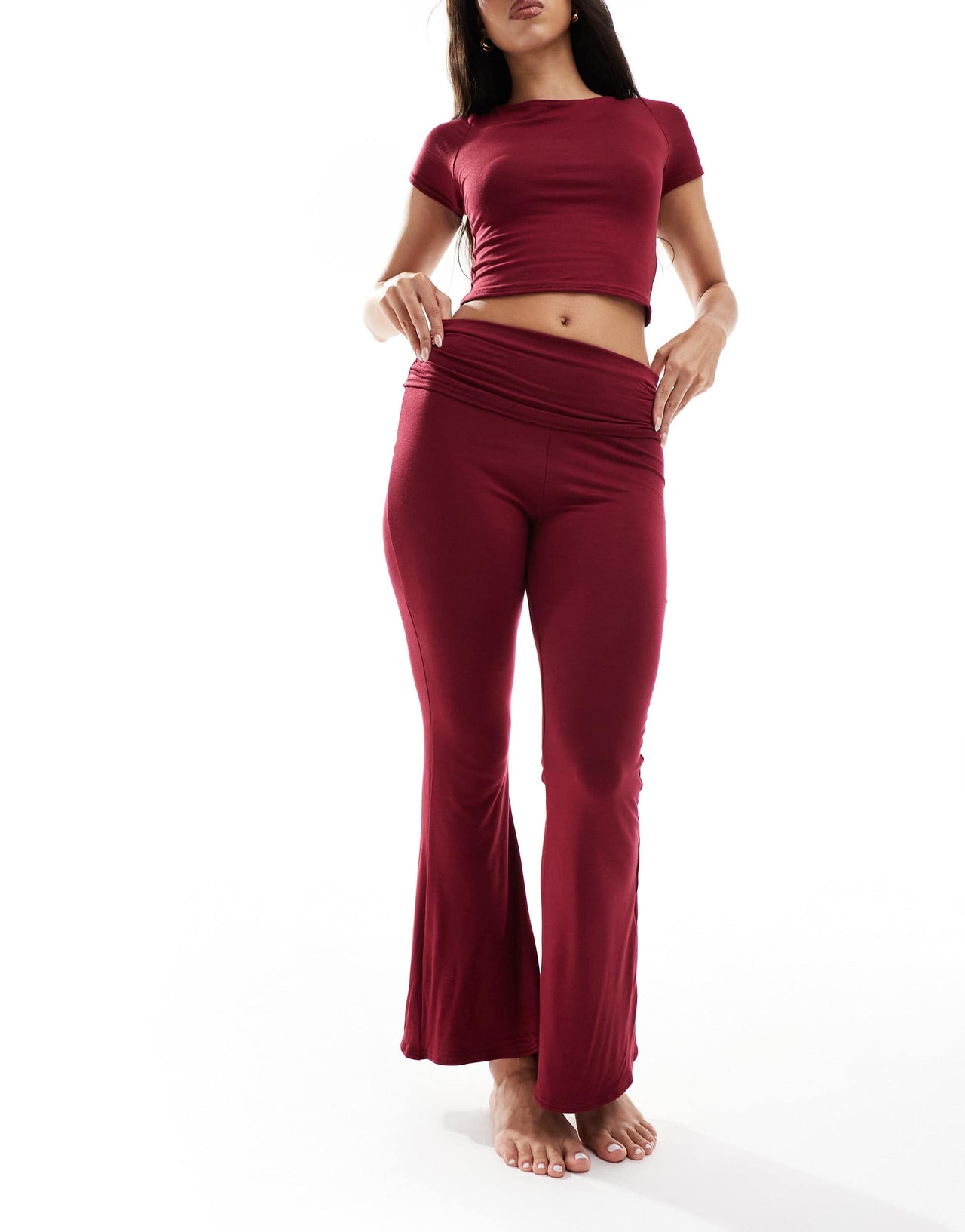 Missyempire exclusive folded waist flared trousers co-ord in burgundy