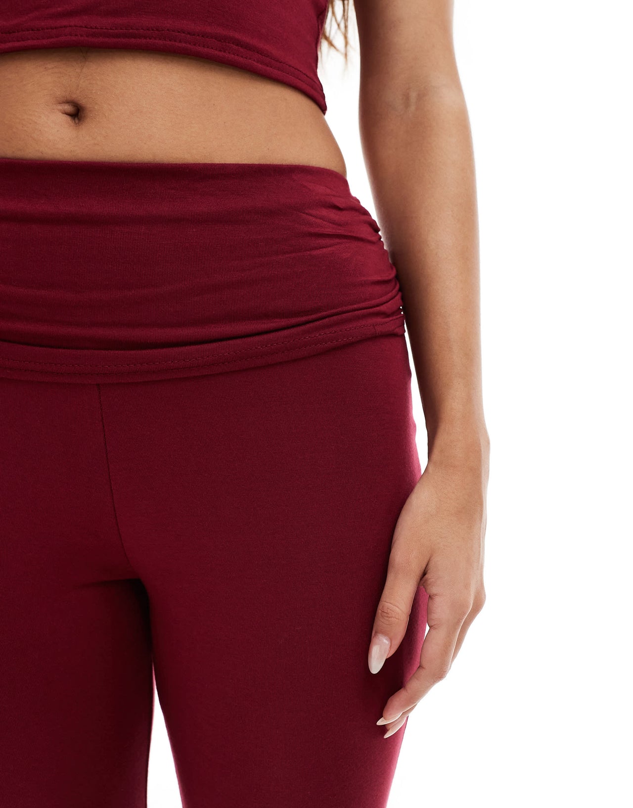 Missyempire exclusive folded waist flared trousers co-ord in burgundy