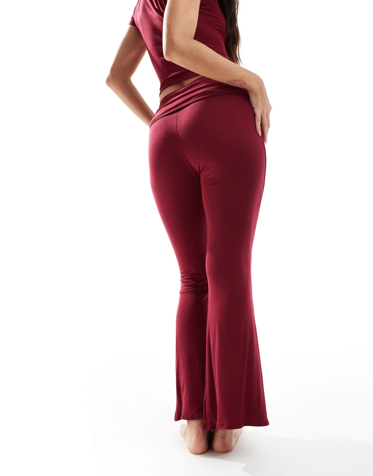 Missyempire exclusive folded waist flared trousers co-ord in burgundy