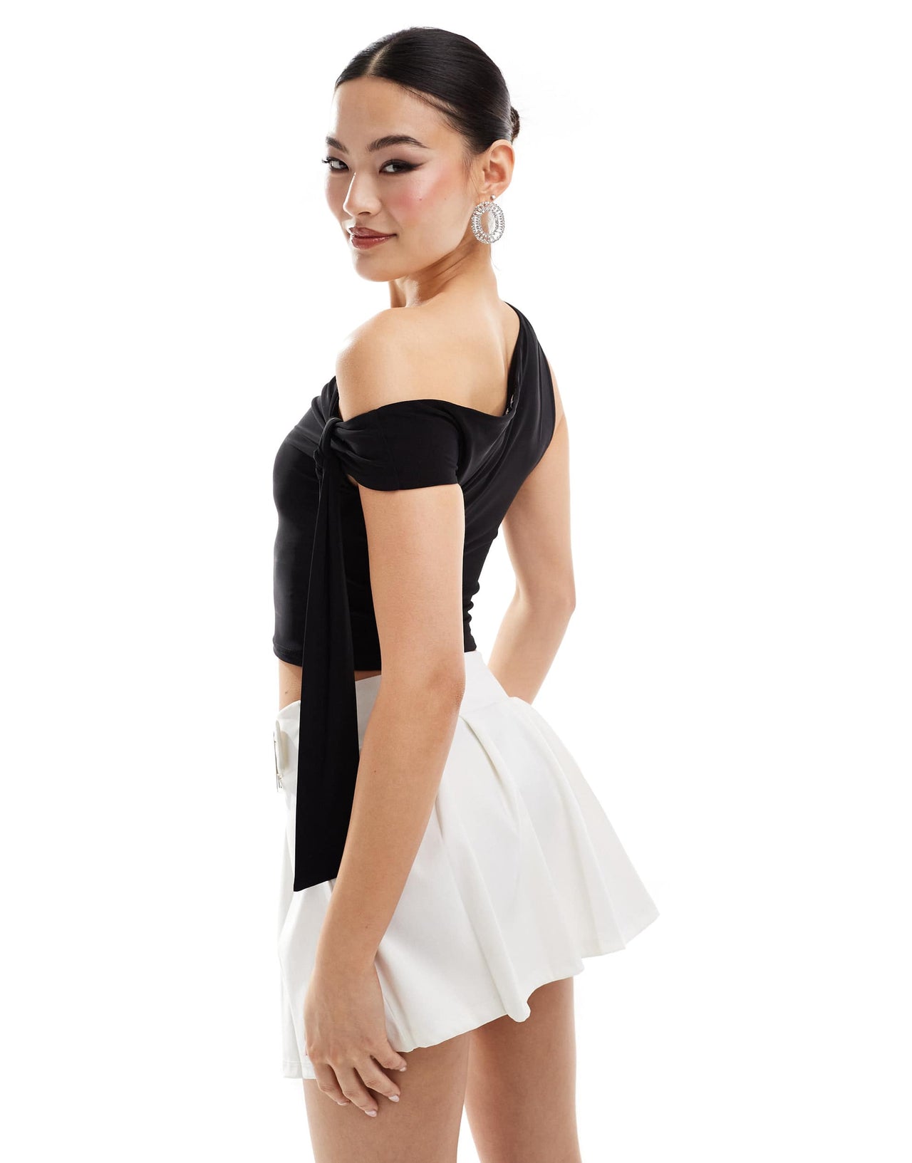 Missyempire double layered slinky off shoulder tie detail top in black