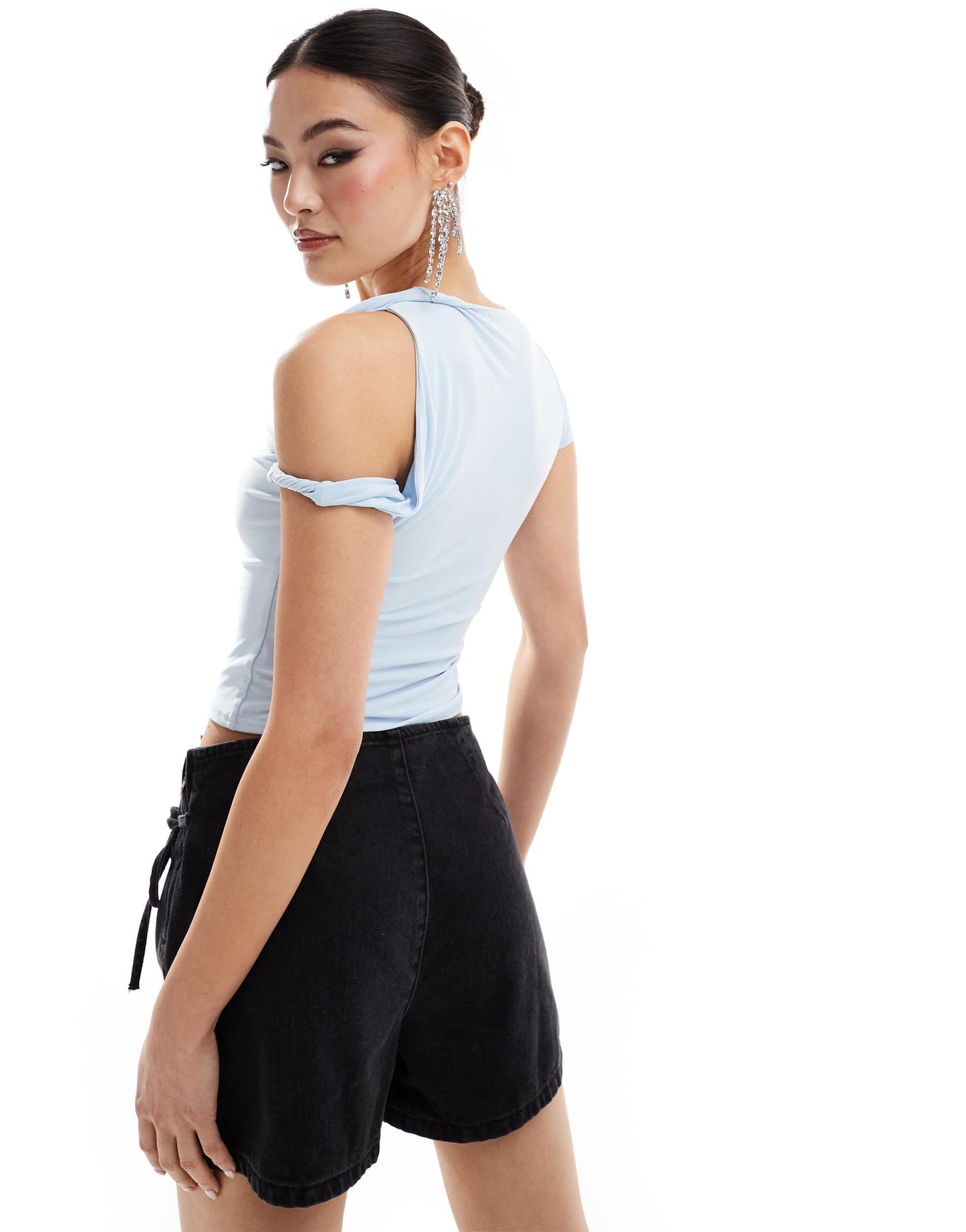 Missyempire slinky one sleeve twist strap top in baby blue