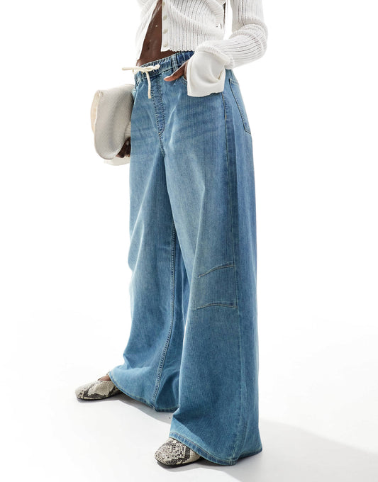 Bershka denim look pull on wide leg trousers in mid wash blue