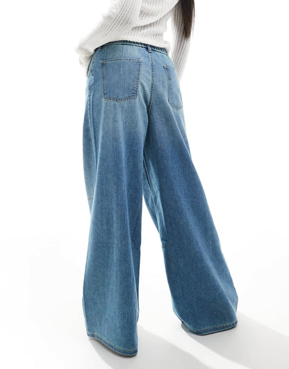 Bershka denim look pull on wide leg trousers in mid wash blue