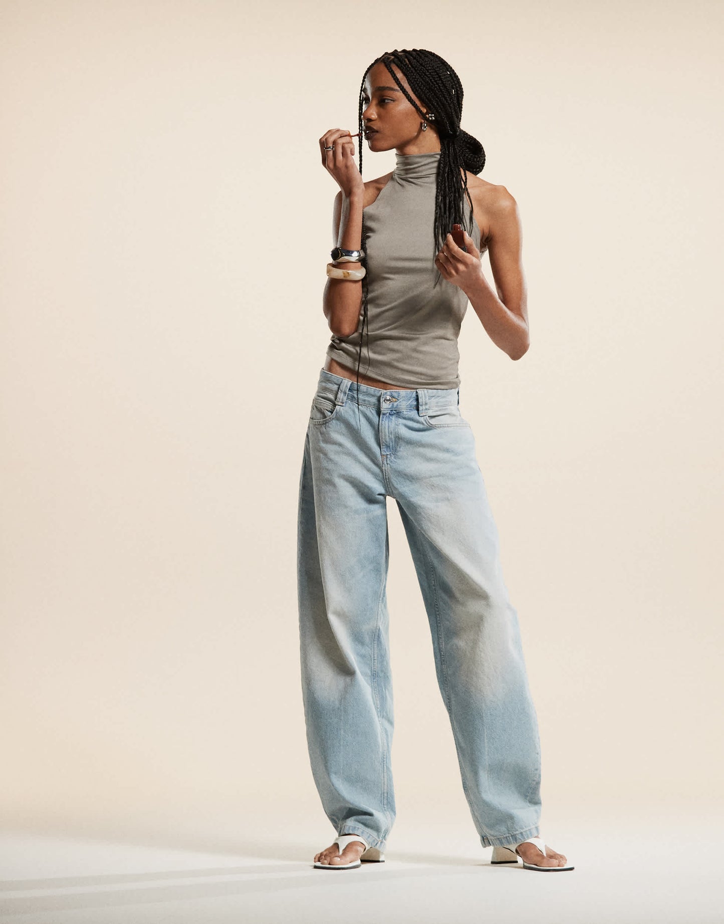 Bershka baggy balloon leg jeans in light dirty wash blue
