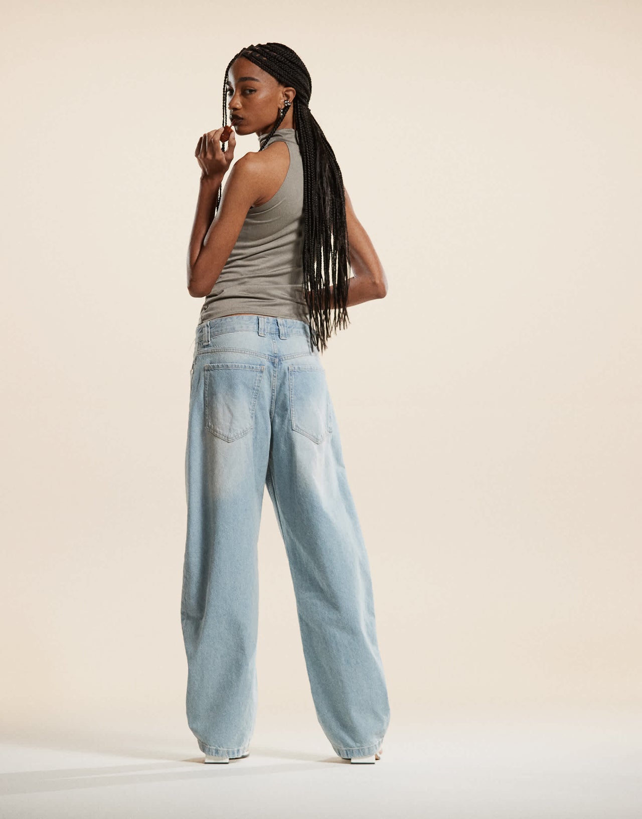 Bershka baggy balloon leg jeans in light dirty wash blue