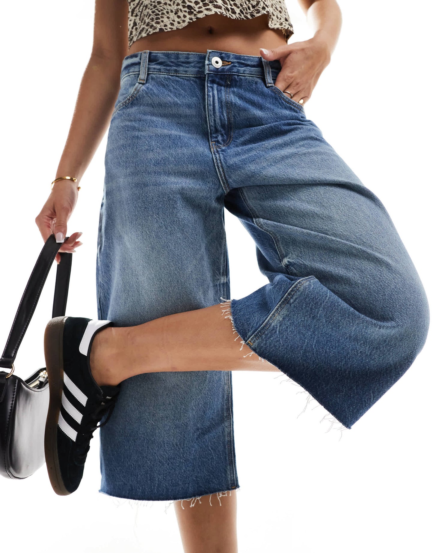 Bershka denim longline jorts in dark wash blue