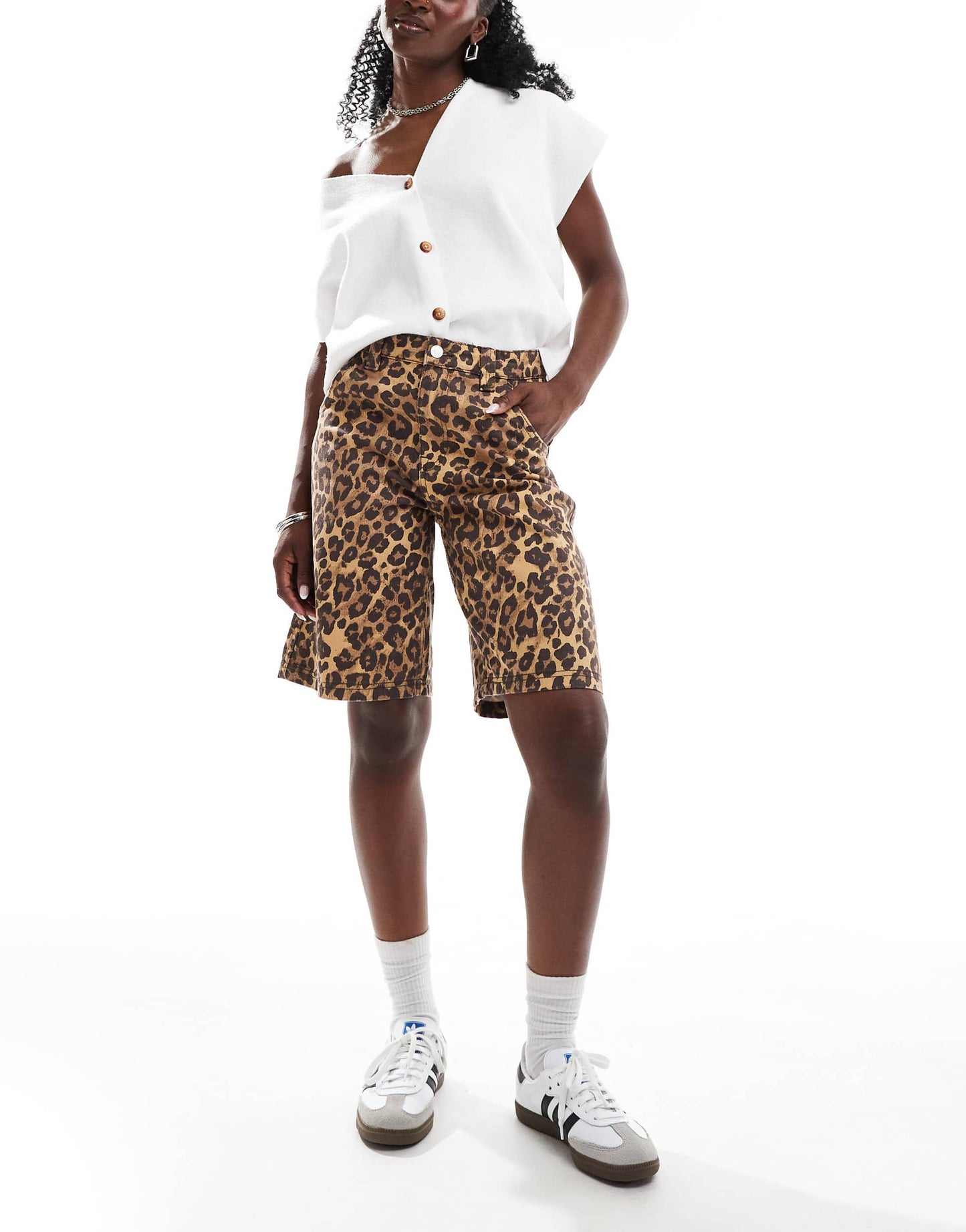 Bershka baggy longline shorts in leopard print