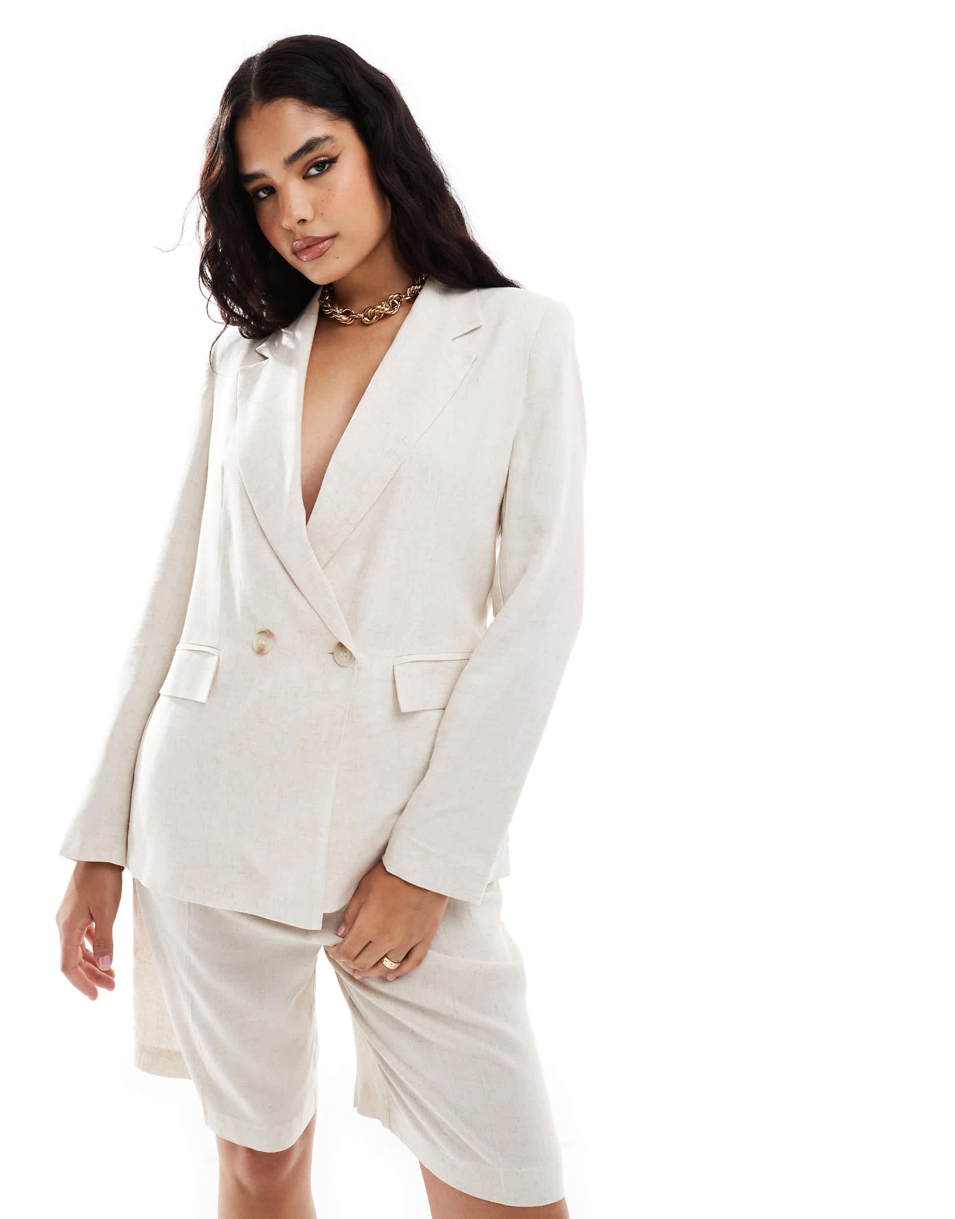 Pull&Bear oversized rustic linen blazer co-ord in ecru