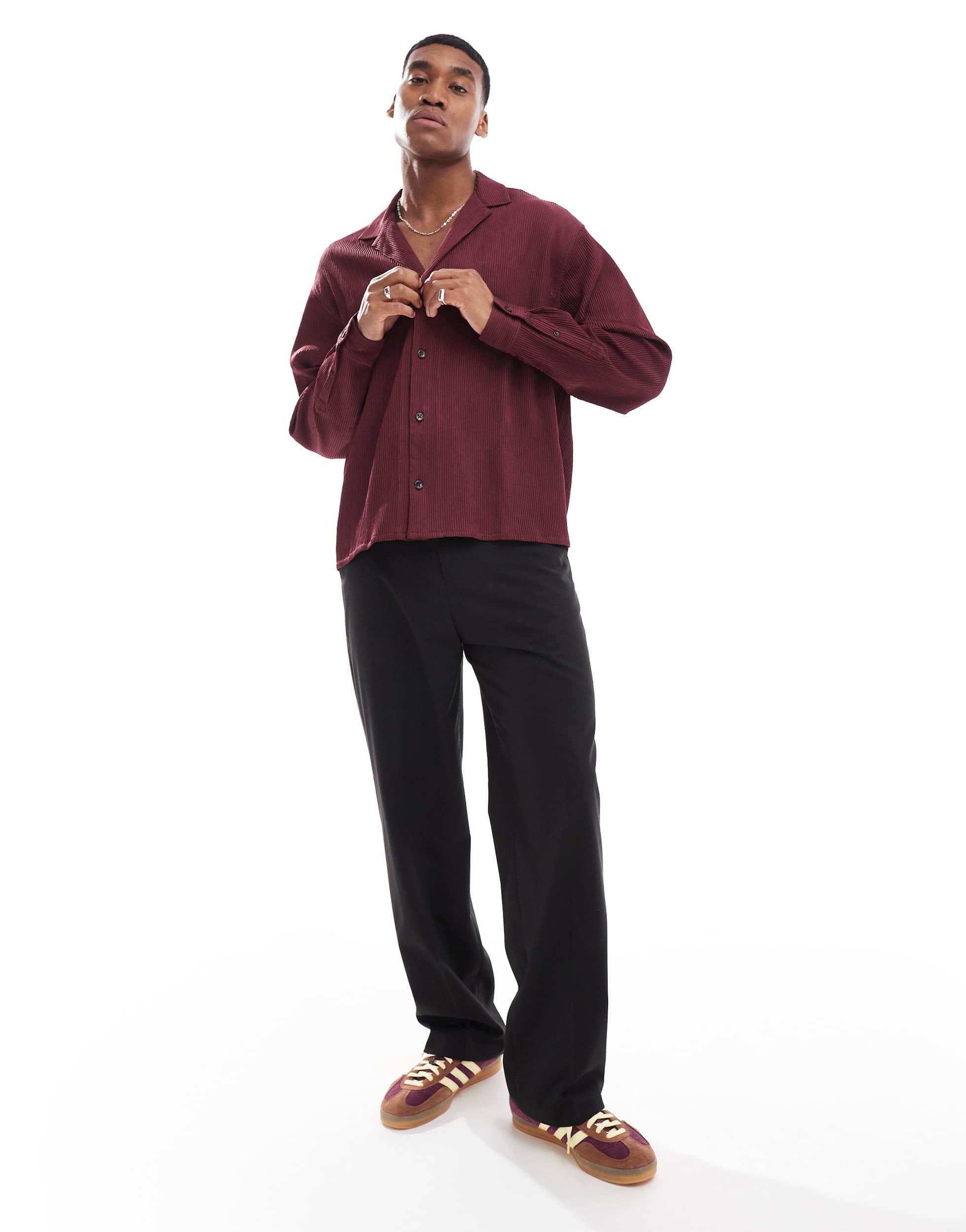 ASOS DESIGN boxy plisse shirt in burgundy