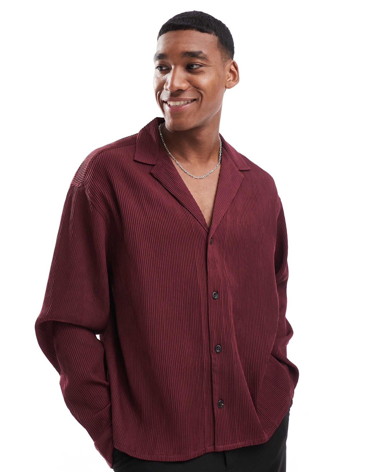 ASOS DESIGN boxy plisse shirt in burgundy