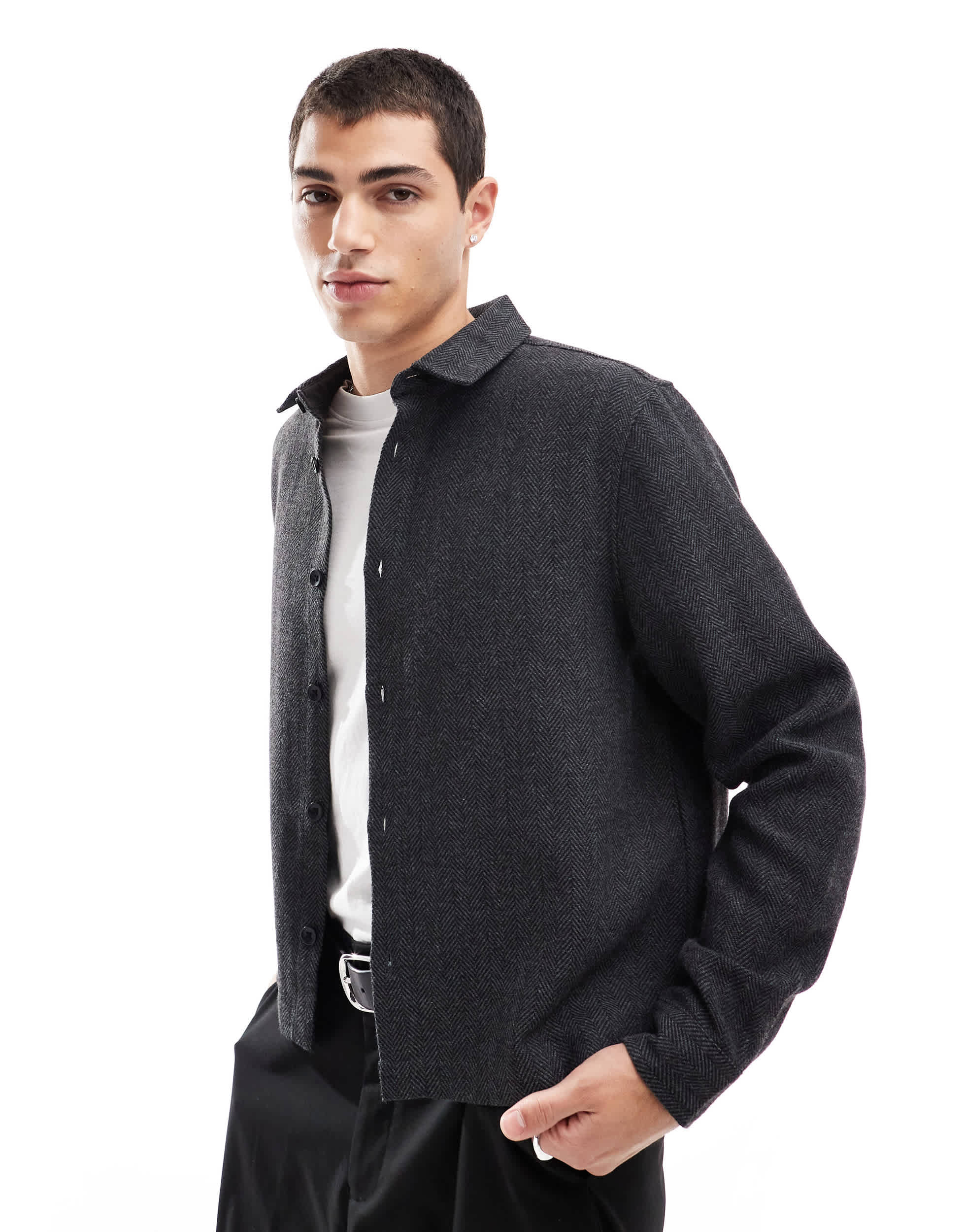 ASOS DESIGN boxy overshirt in charcoal wool look