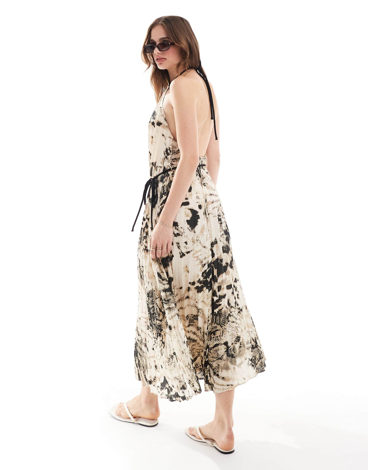 Mango snake print halterneck pleated midi dress in grey
