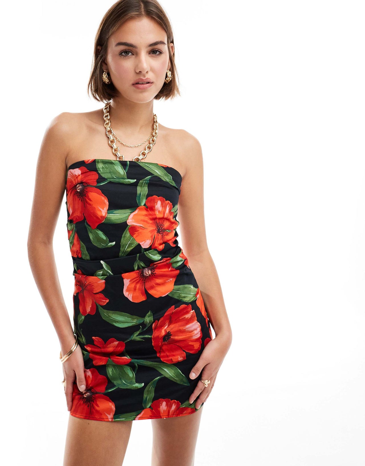 Mango bandeau flower mini dress in black and red
