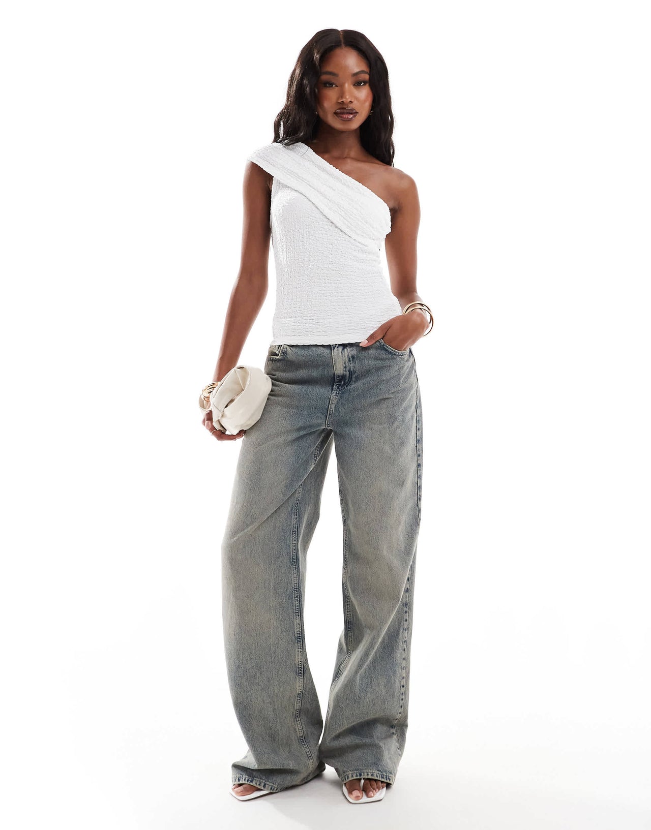 ASOS DESIGN one shoulder textured top in white