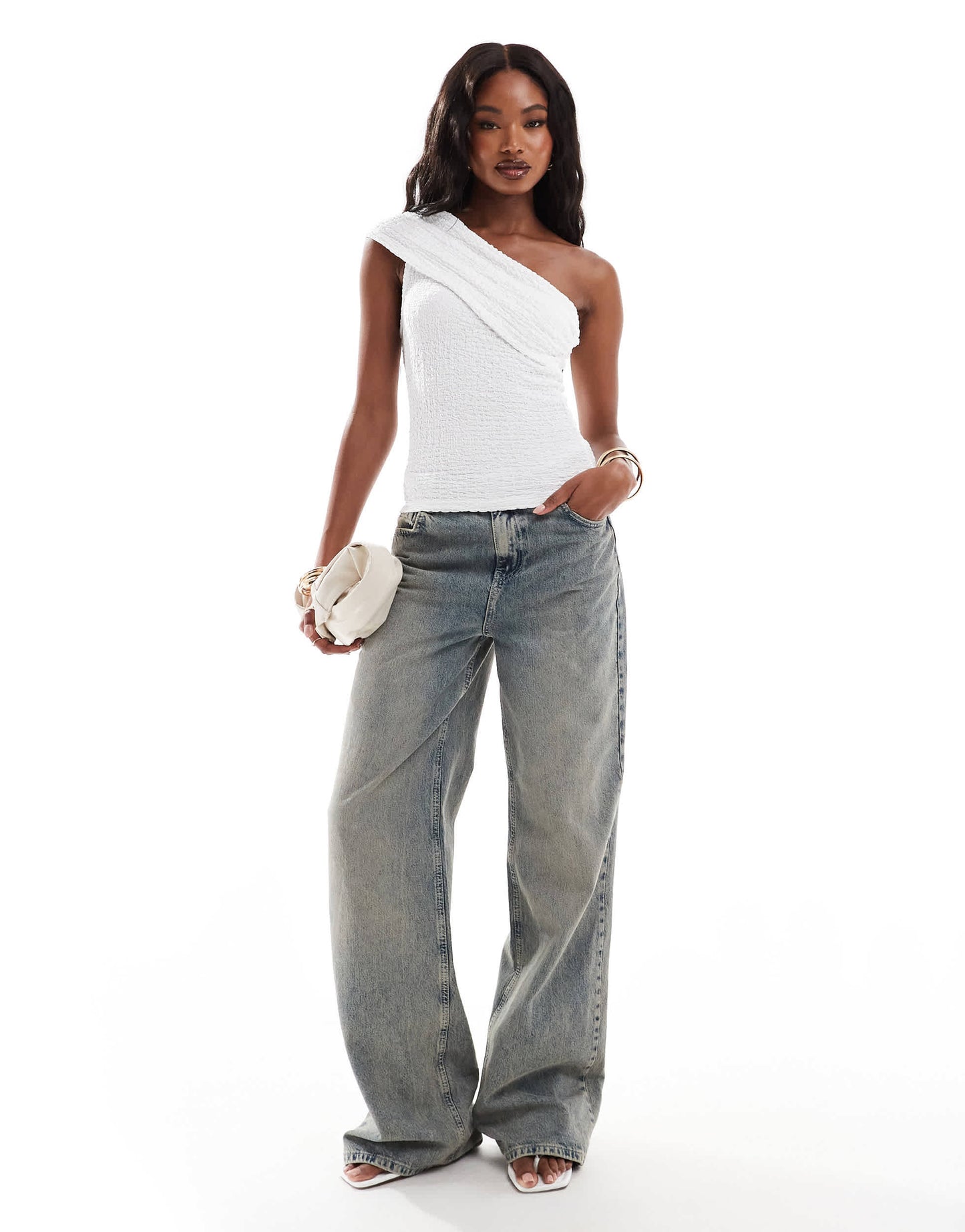 ASOS DESIGN one shoulder textured top in white