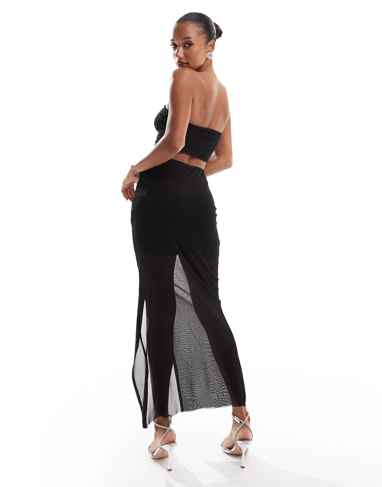 New Look hotfix mesh side split skirt in black