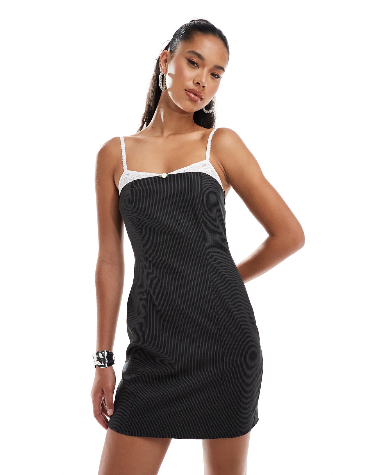 Kaiia exclusive lace bra detail tailored bandeau mini dress in grey pinstripe