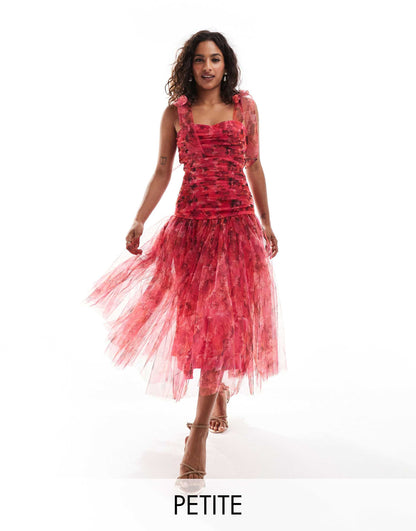 Lace & Beads Petite drop waist bow shoulder midaxi dress in red rose