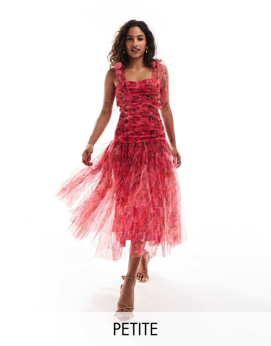 Lace & Beads Petite drop waist bow shoulder midaxi dress in red rose