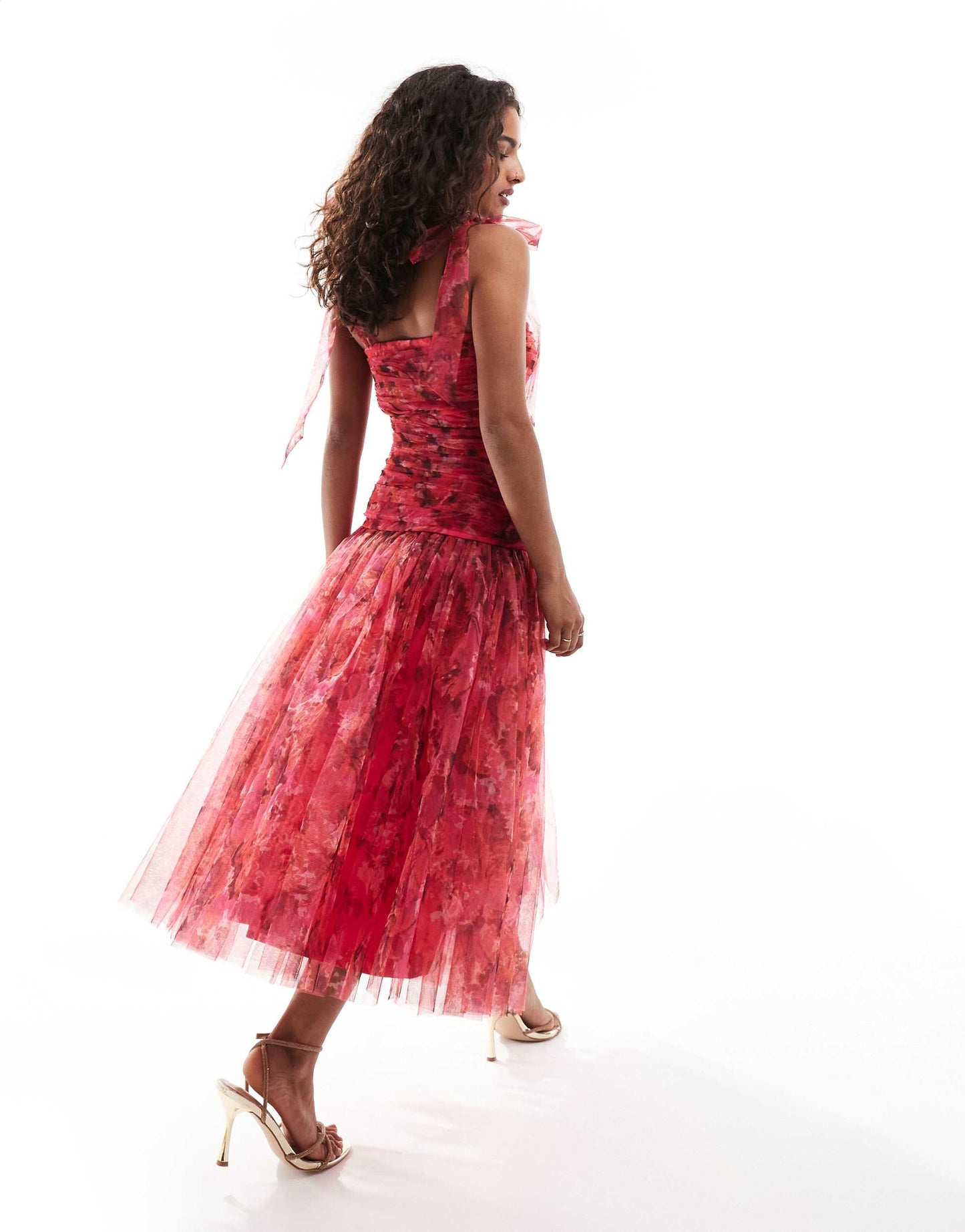 Lace & Beads Petite drop waist bow shoulder midaxi dress in red rose