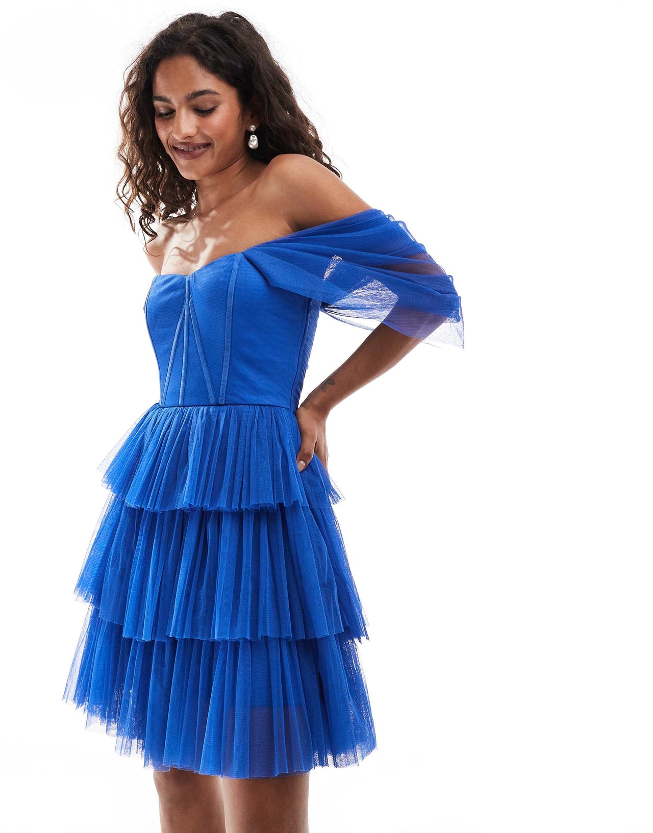 Lace & Beads Petite off shoulder corset tulle mini dress in cobalt