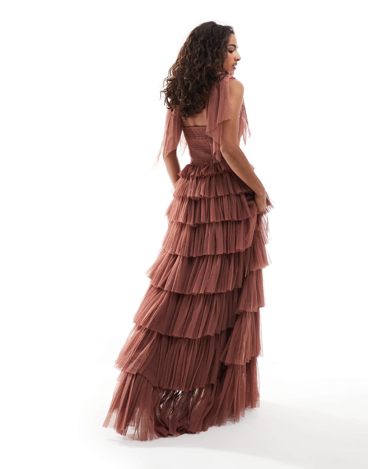 Lace & Beads Petite bow shoulder ruffle maxi dress in rose brown