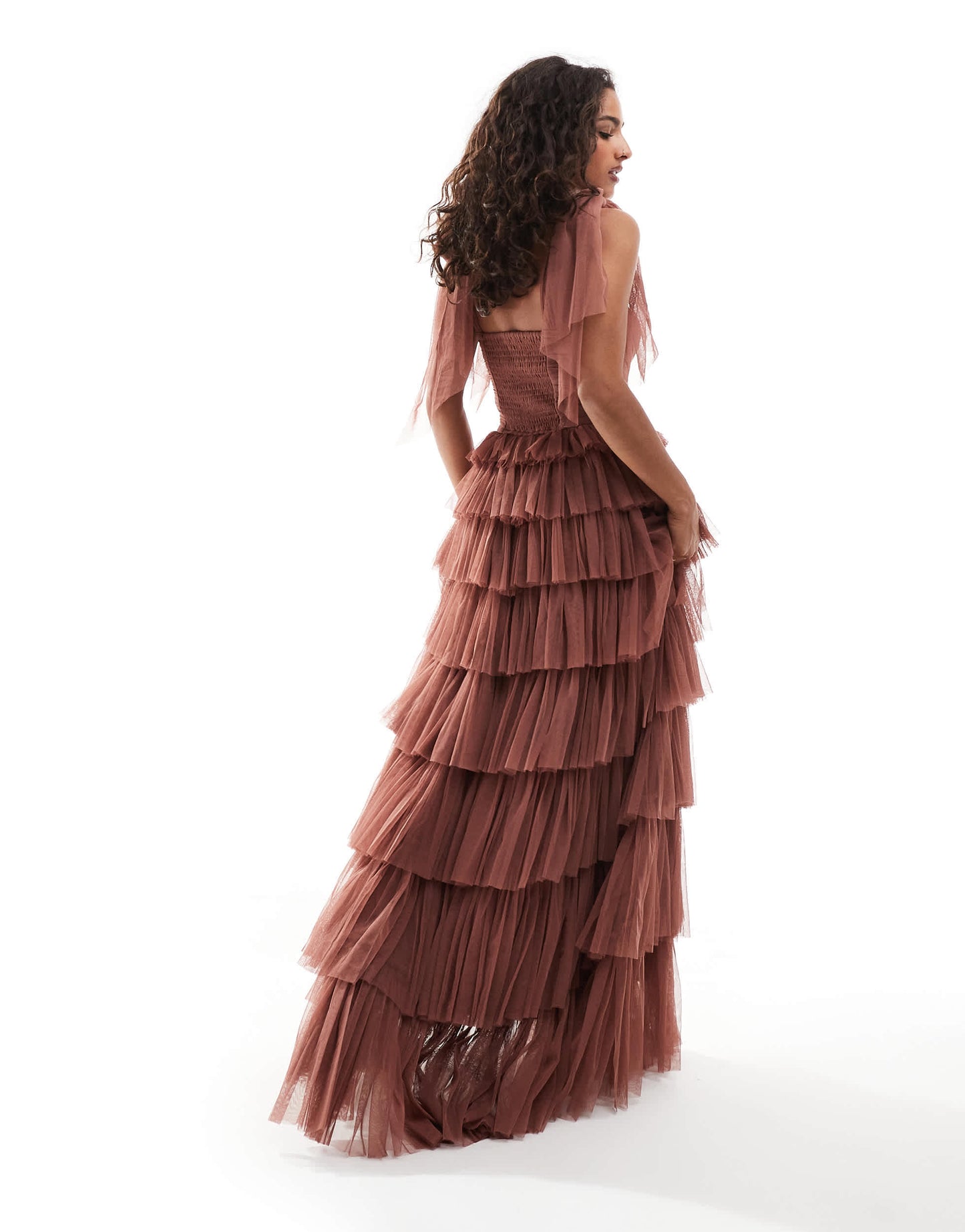 Lace & Beads Petite bow shoulder ruffle maxi dress in rose brown