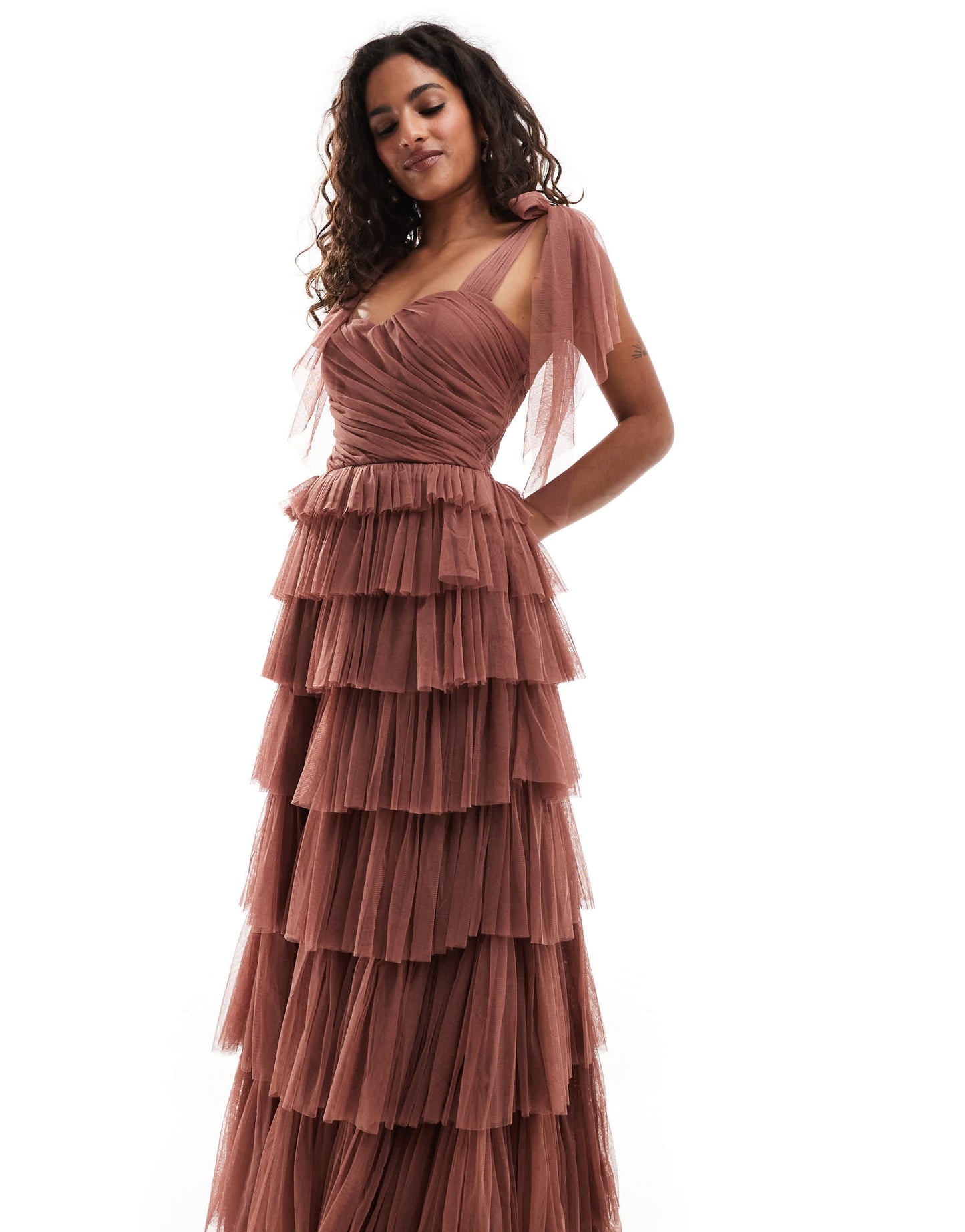 Lace & Beads Petite bow shoulder ruffle maxi dress in rose brown