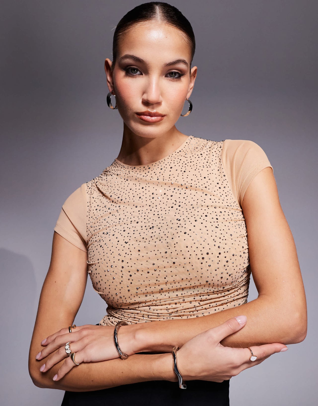 ASOS DESIGN hotfix mesh drape top with cap sleeve in stone