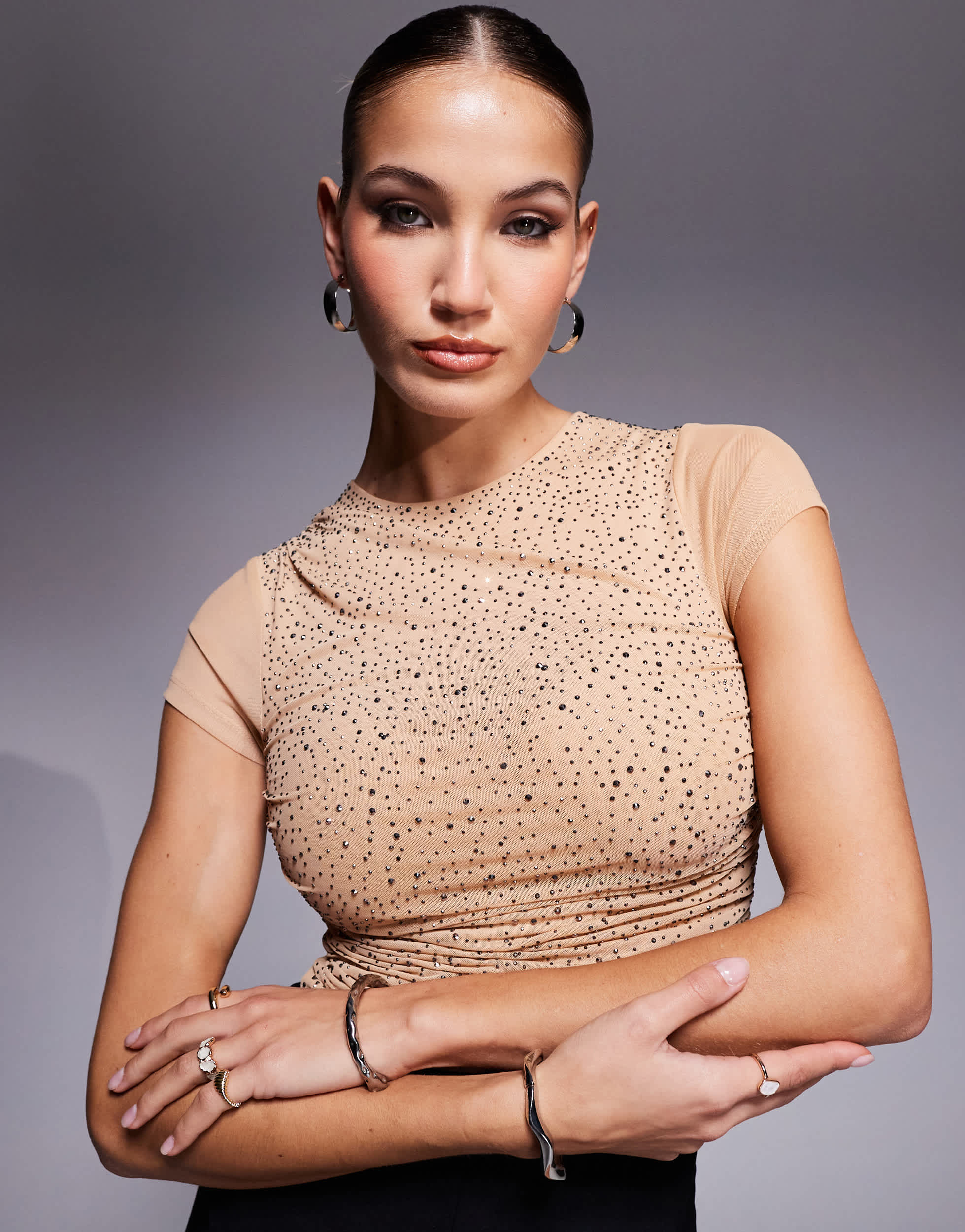 ASOS DESIGN hotfix mesh drape top with cap sleeve in stone