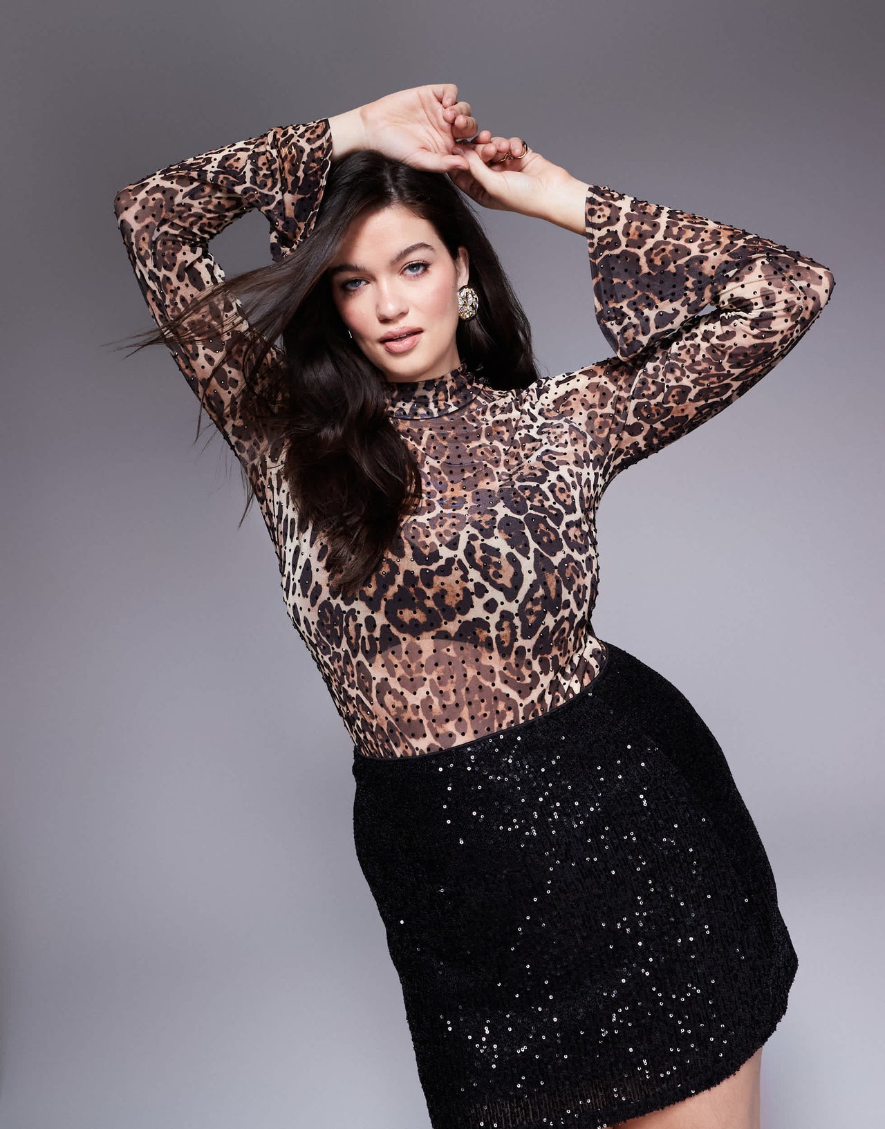 ASOS DESIGN Curve high neck mesh bodysuit with hotfix in animal print