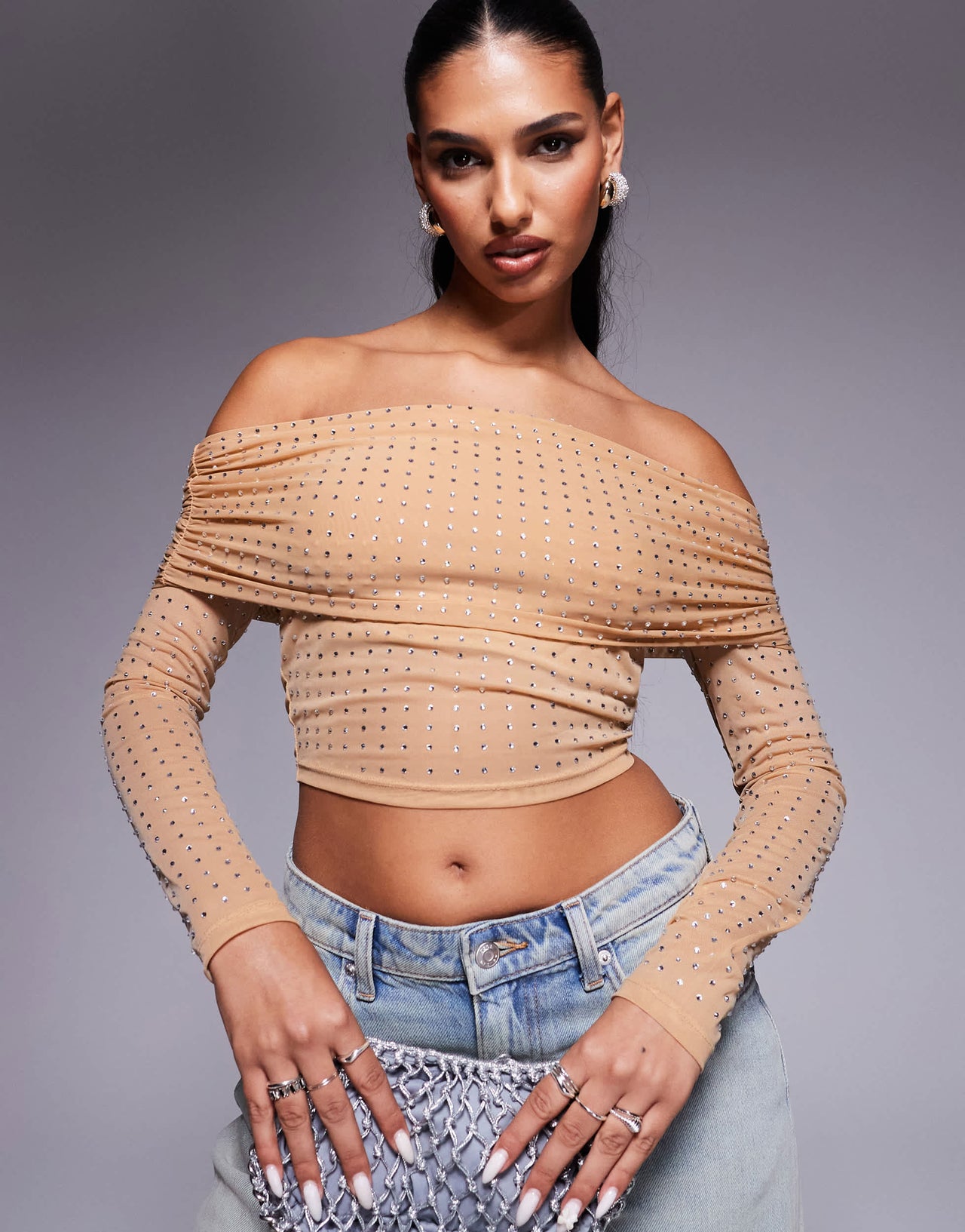 ASOS DESIGN hotfix off shoulder long sleeve top in stone