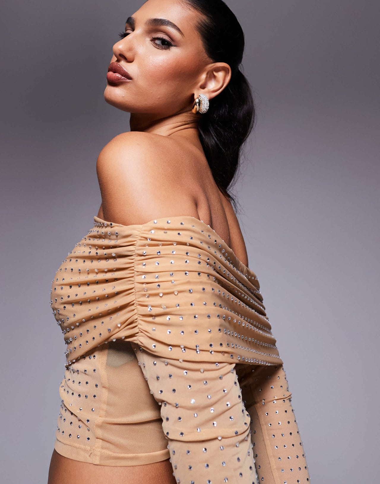 ASOS DESIGN hotfix off shoulder long sleeve top in stone